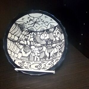 Mexican Hand-Painted Xalitla Folk Art Clay Vintage Bowl Black & White Talavera
